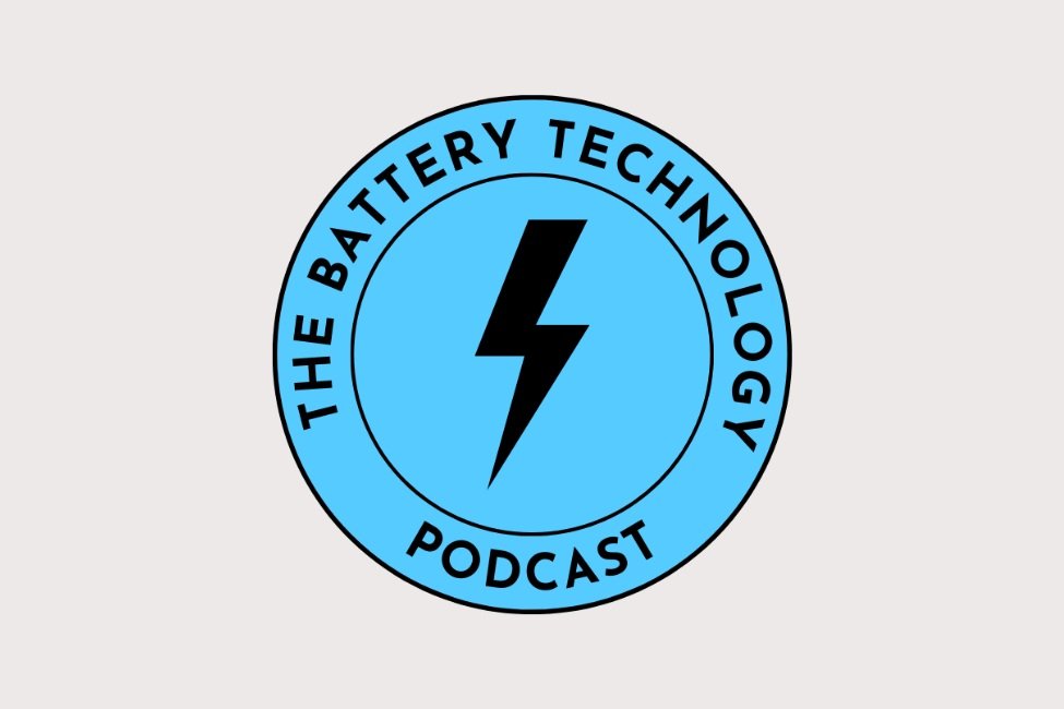 Logo for The Battery Technology Podcast featuring a black lightning bolt inside a blue circle with black text around it.